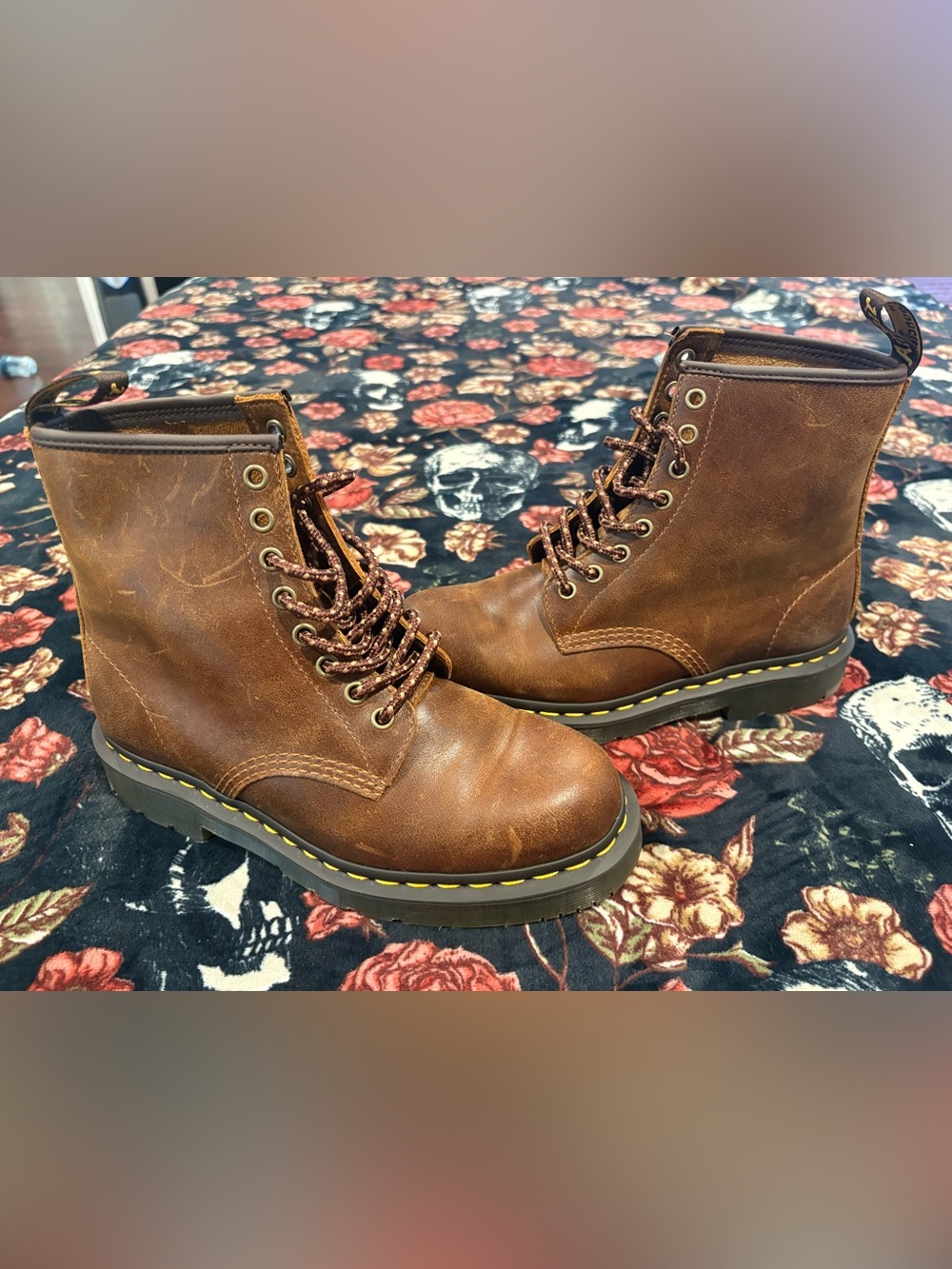Dr. Martens Brown Leather Lace-Up Combat Boots with Yellow Stitching